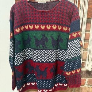 Vintage Red, Navy & Green Dog Patterned Crewneck Sweater